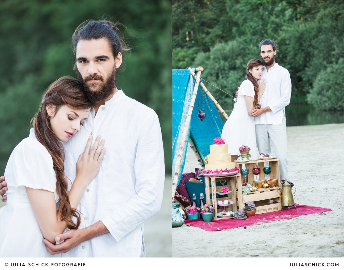 Hochzeitsfoto lächelndes Brautpaar Hippie-Zelt aus Sari mit Hochzeitstorte und Candybar