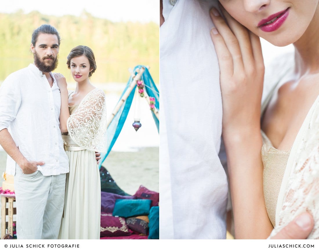 Boho-Hippie-Hochzeitsshooting Brautpaar vor Zelt mit Kissen