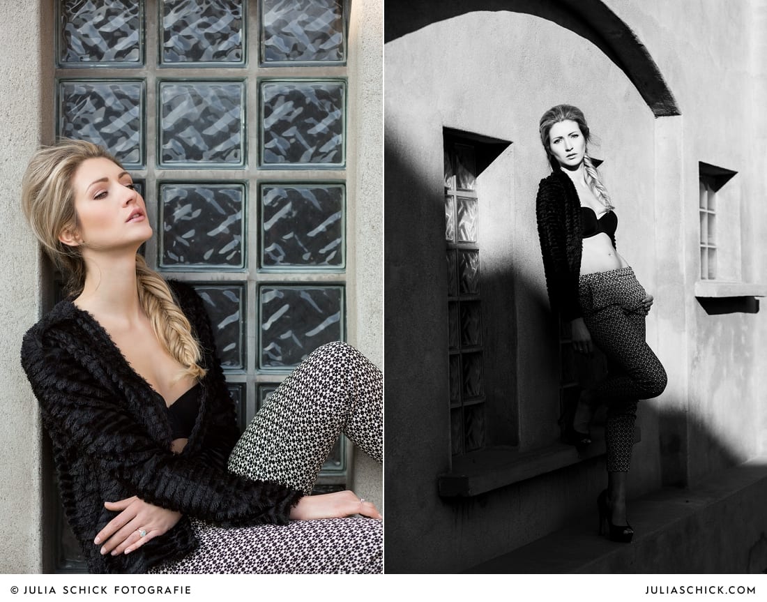 Fashionshooting von Modefotografin Julia Schick und Make-up-Artist Sandra Globke. Model mit BH und schwarzer Jacke