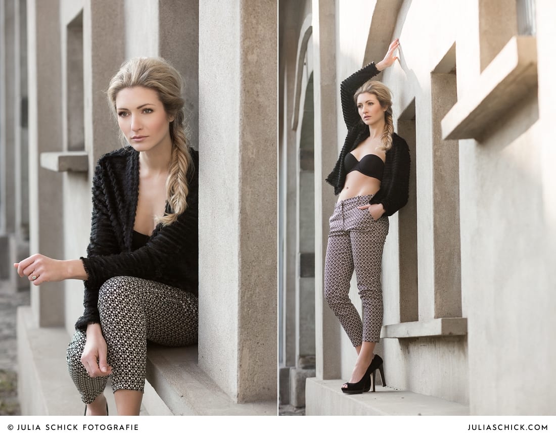 Fashionshooting von Modefotografin Julia Schick und Make-up-Artist Sandra Globke. Model mit BH und schwarzer Jacke
