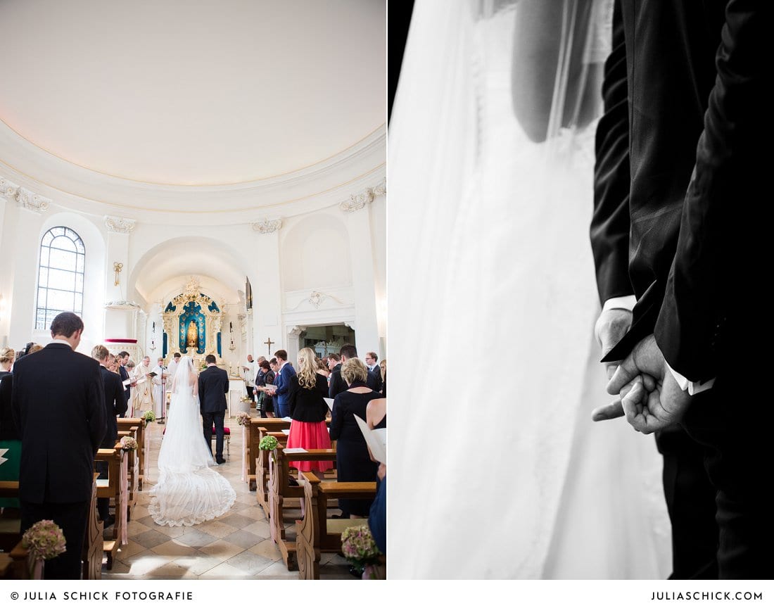 Braut mit Kathedralenschleier bei Traugottesdienst in der Dyckburgkirche in Münster Handorf