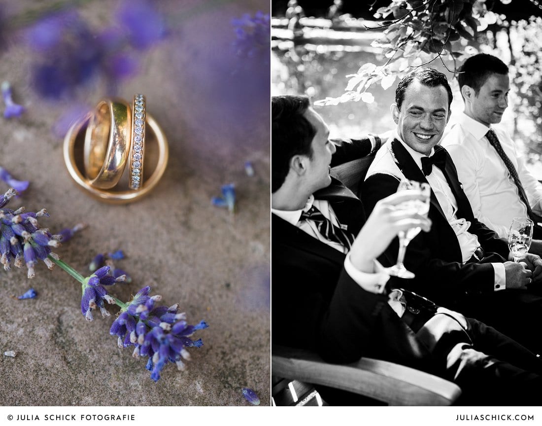goldene Ehe- und Verlobungsringe mit Lavendel