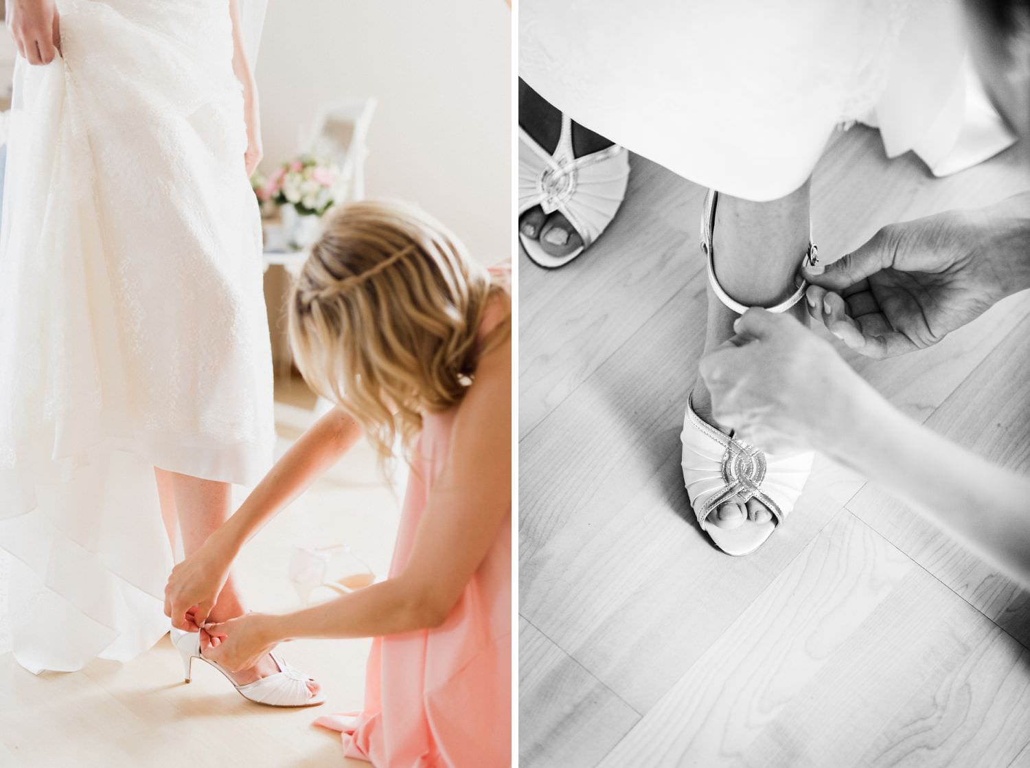 Brautjungfer schließt Schuhe der Braut