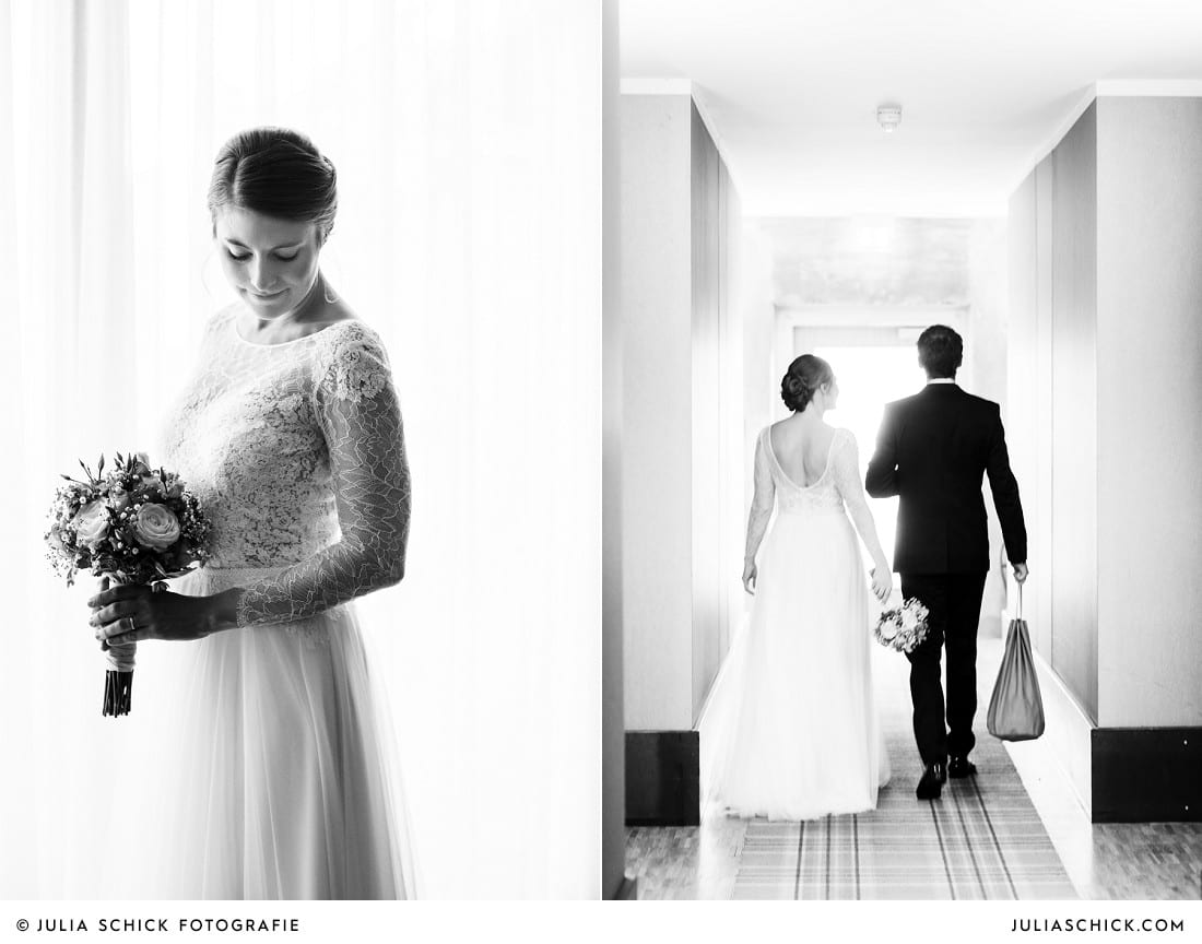 Braut in Hochzeitskleid von Anna Kara in Suite des Factory Hotel in Münster