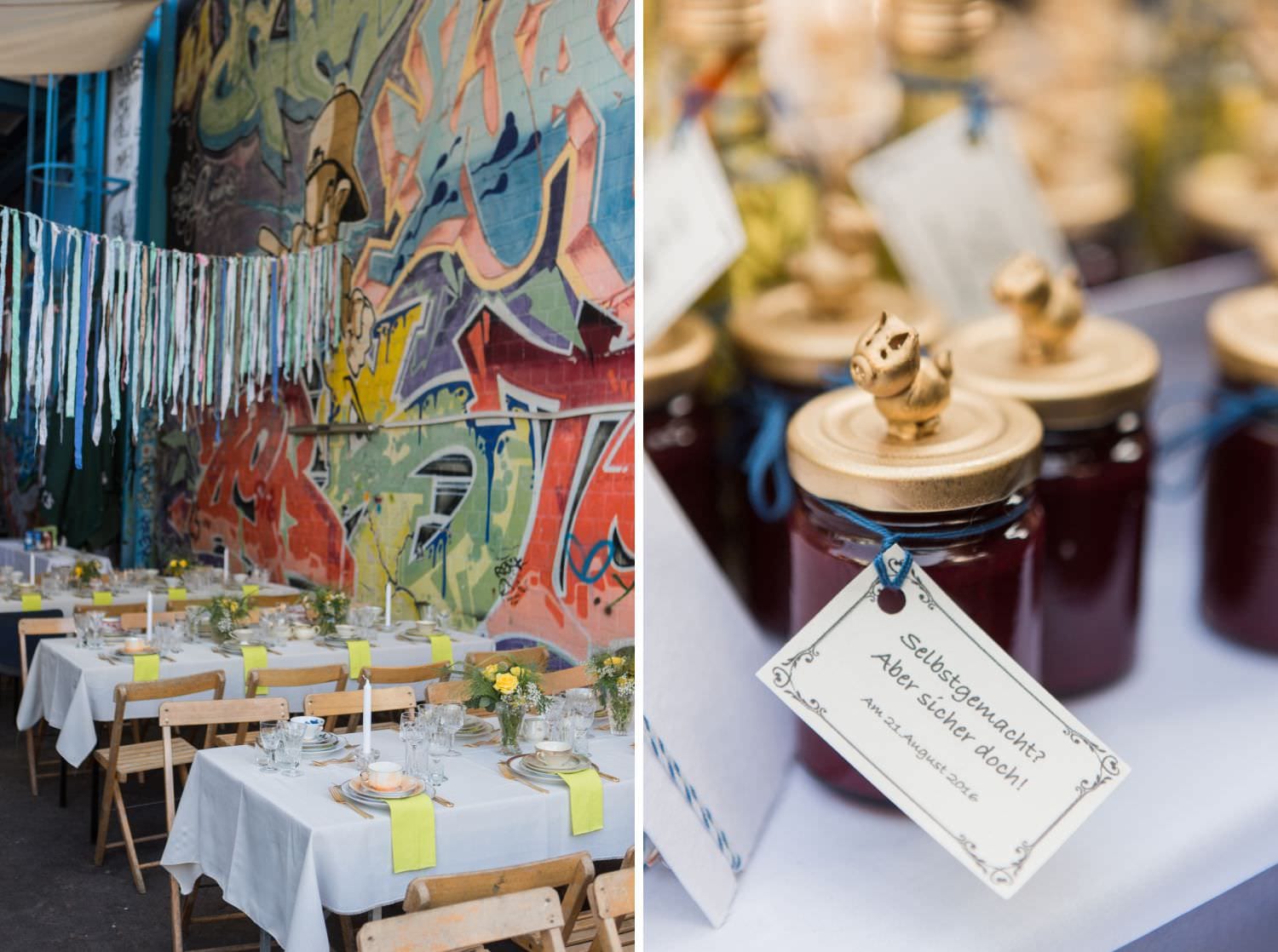 Gedeckter Hochzeitstisch mit Vintage Geschirr vor dem Skaters Palace in Münster